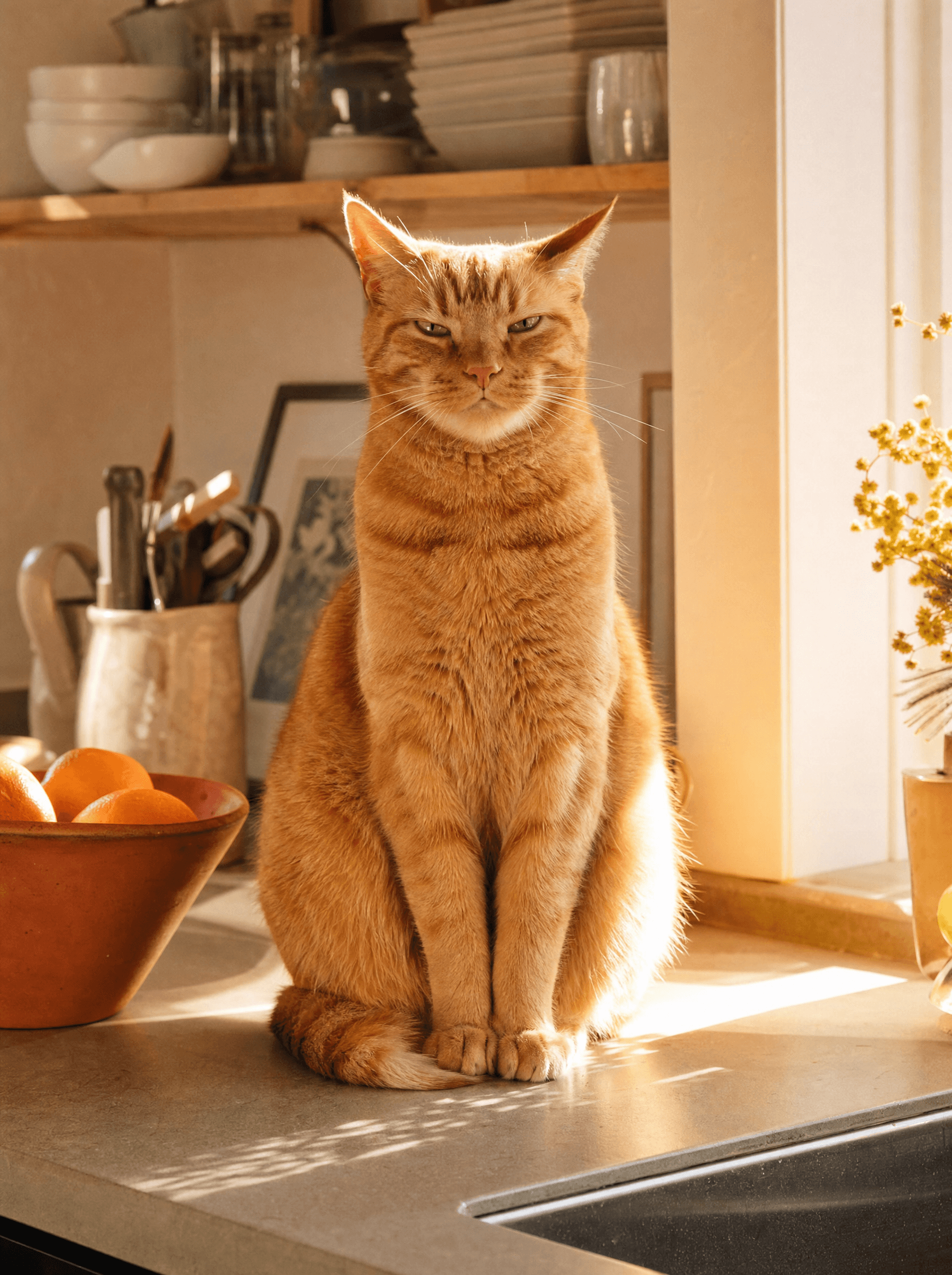 An orange tabby cat sitting upright on a sunlit kitchen counter looking unimpressed