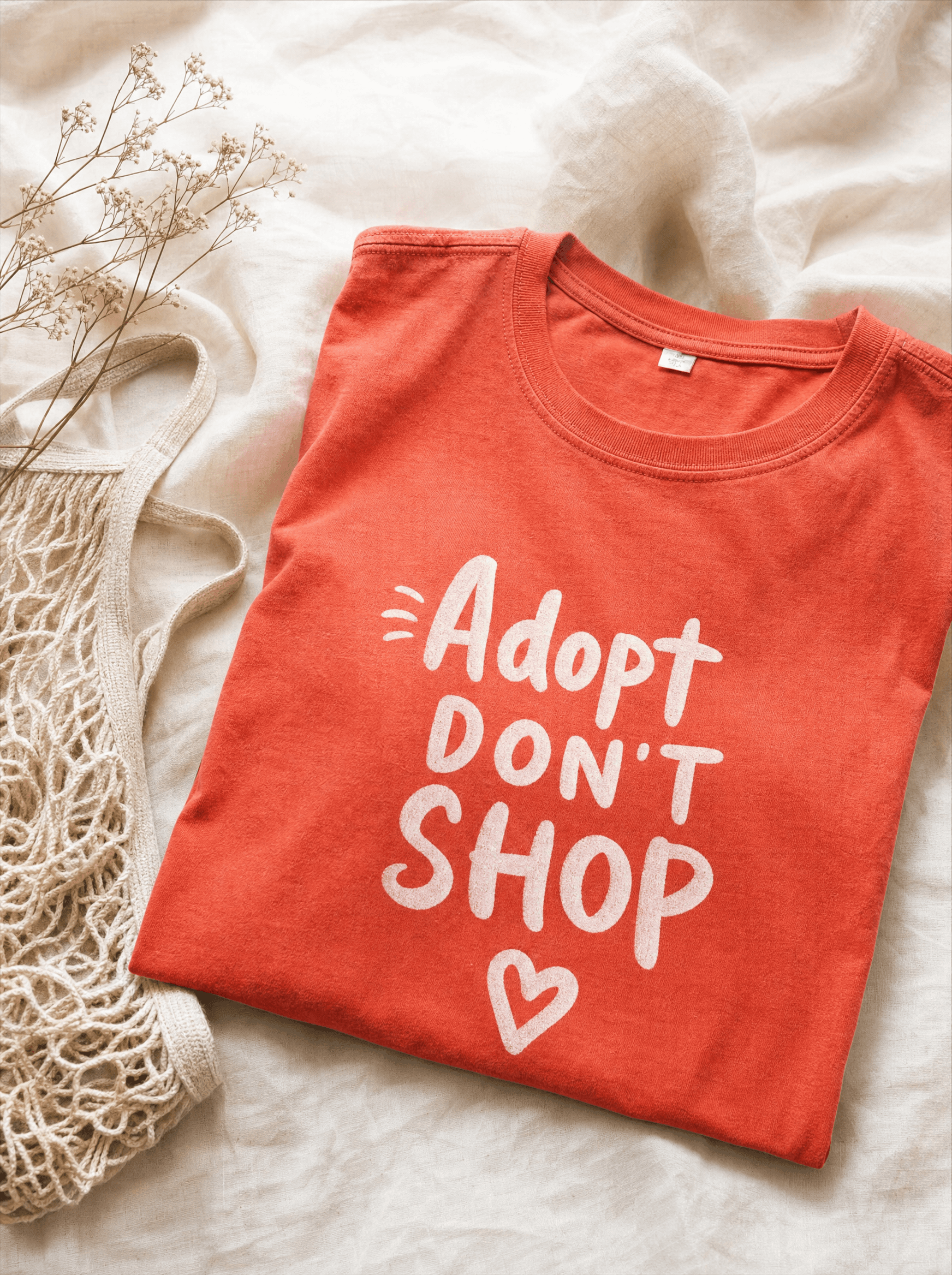 Heavyweight rescue-coral tee folded on cream linen with bold 'Adopt Don't Shop' typography