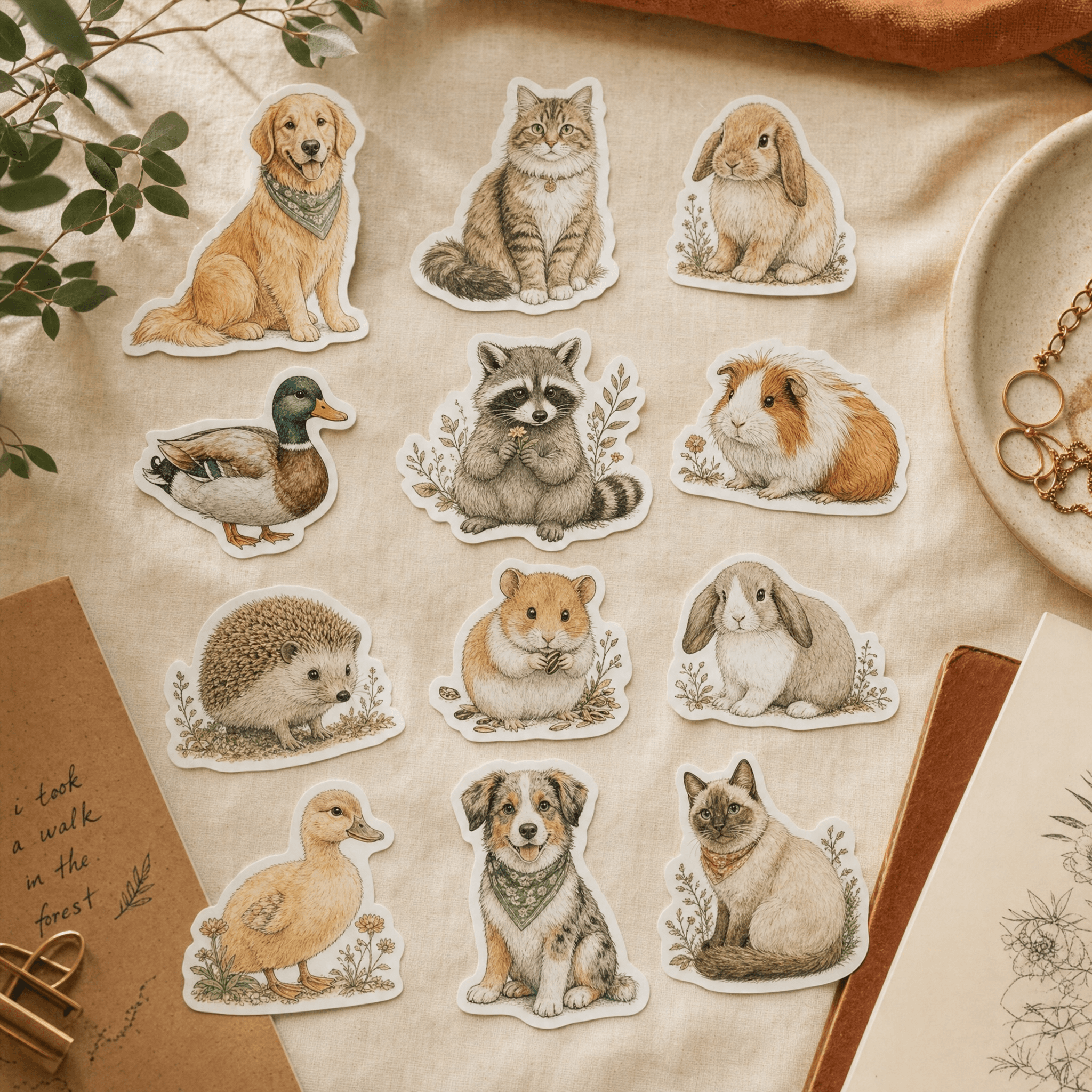Arrangement of 12 hand-drawn multi-species stickers on cream linen