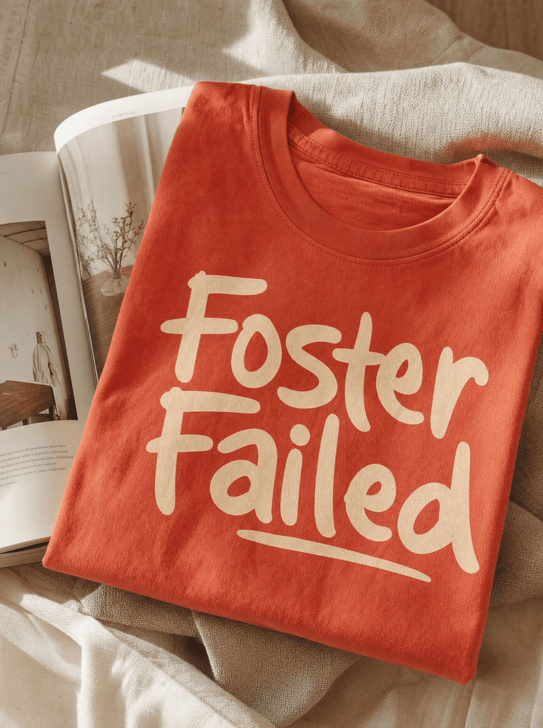 Heavyweight rescue-coral tee with bold 'Foster Failed' typography
