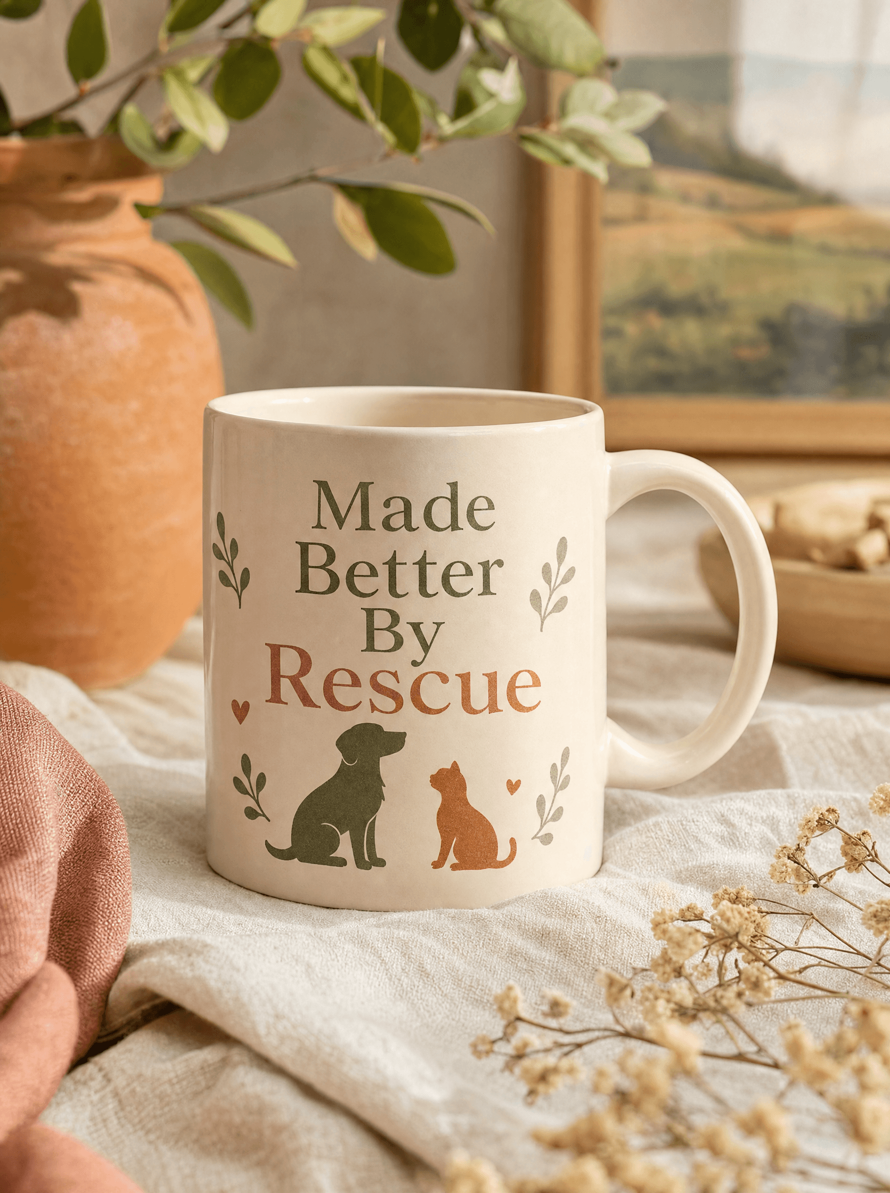 Cream ceramic mug with dog and cat silhouettes and 'Made Better By Rescue'