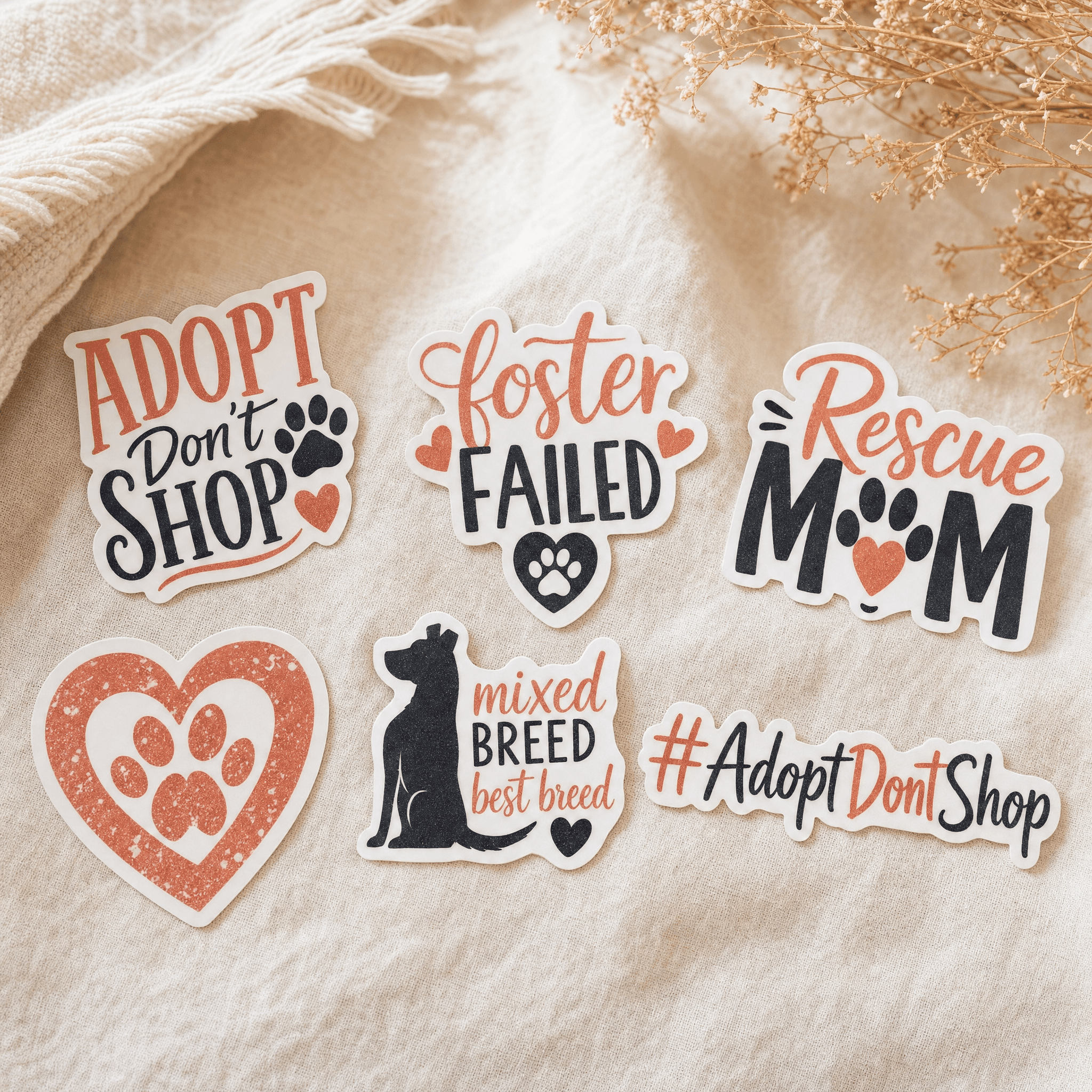 Arrangement of 6 rescue-themed stickers with hand-drawn typography