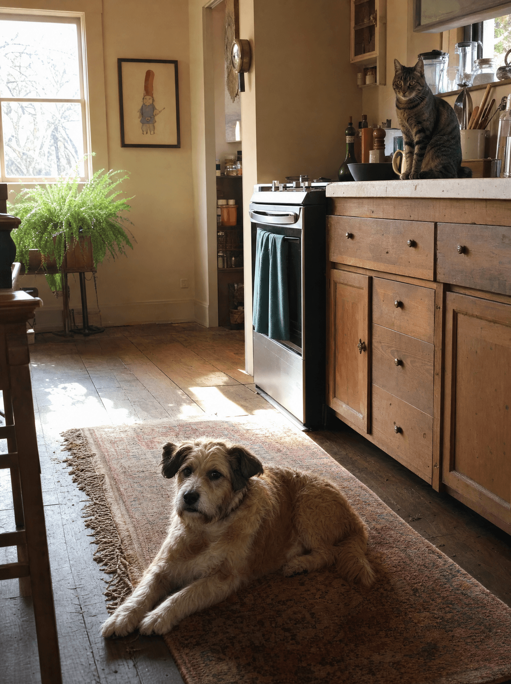 Sunlit kitchen with a rescue dog on a faded rug and a tabby cat on the counter