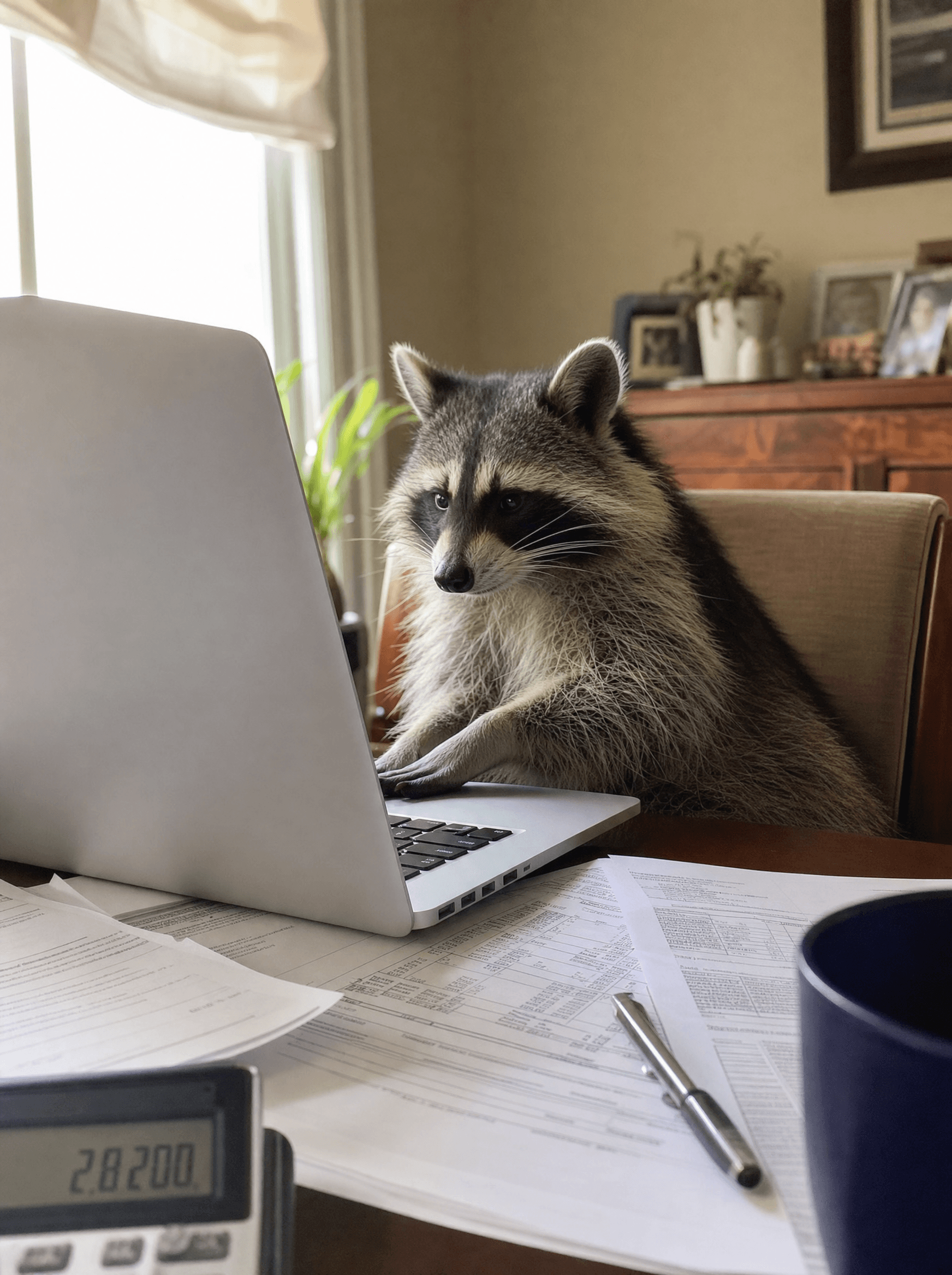 Raccoon sitting upright in front of an open laptop appearing to read a spreadsheet