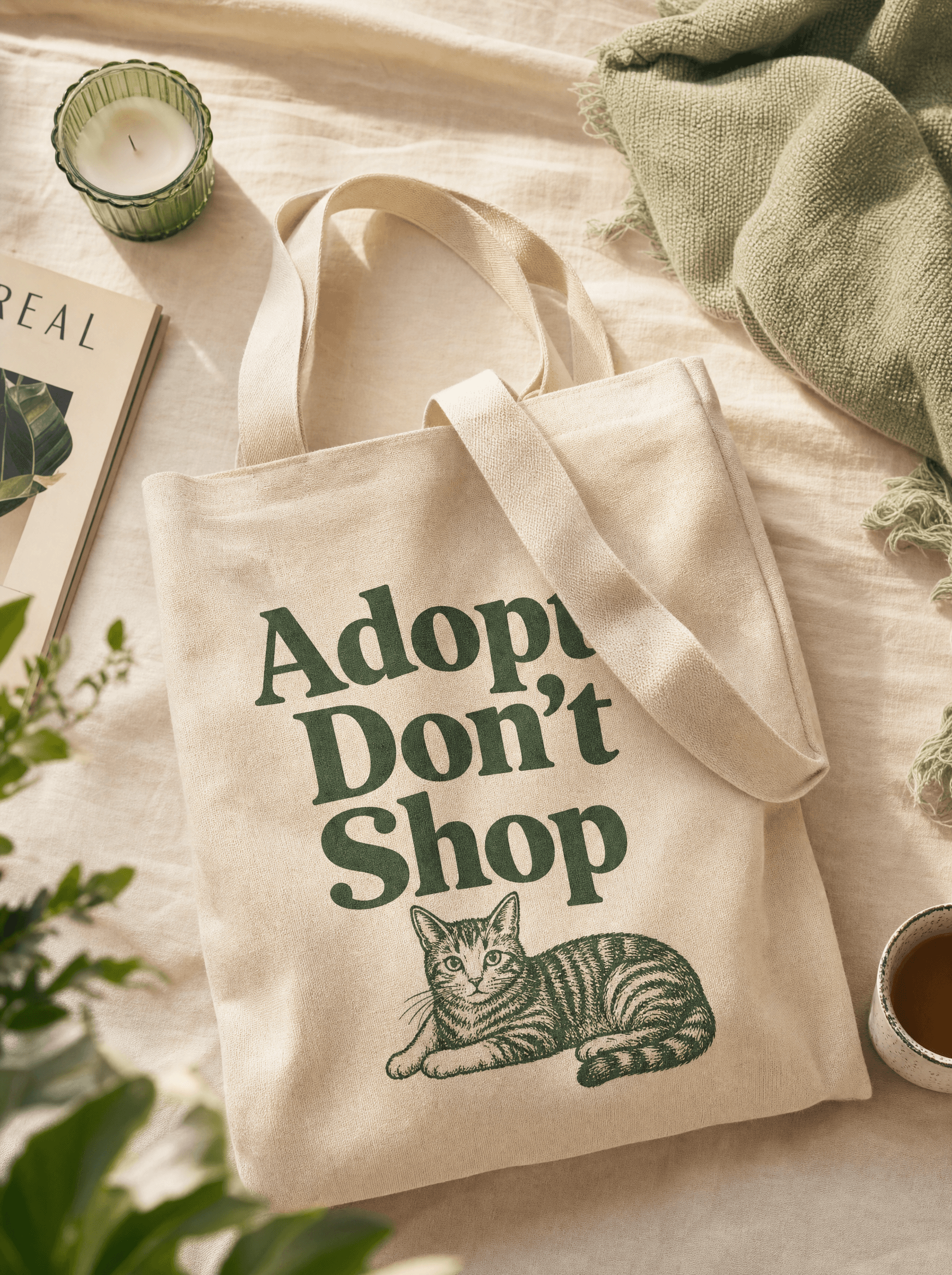 Cream canvas tote with 'Adopt Don't Shop' typography and small illustrated cat