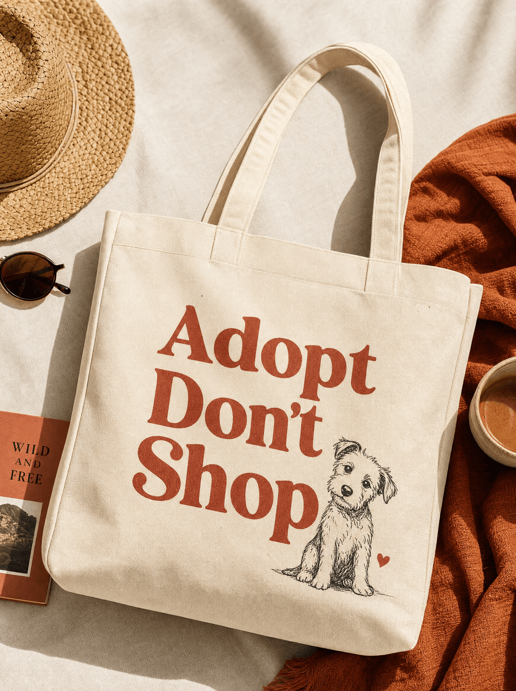 Cream canvas tote with 'Adopt Don't Shop' typography and small illustrated dog