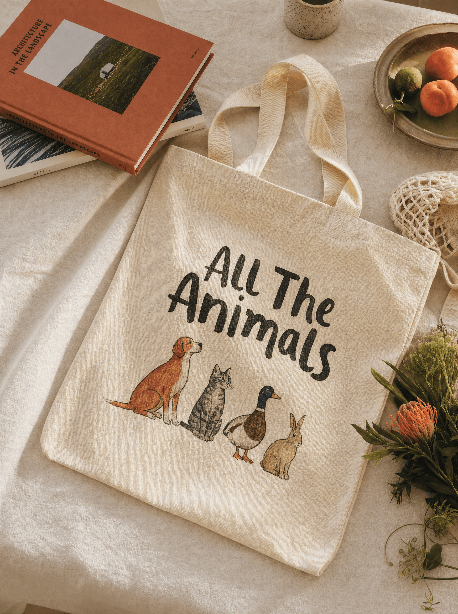 Cream canvas tote with 'All The Animals' typography and multi-species illustration line