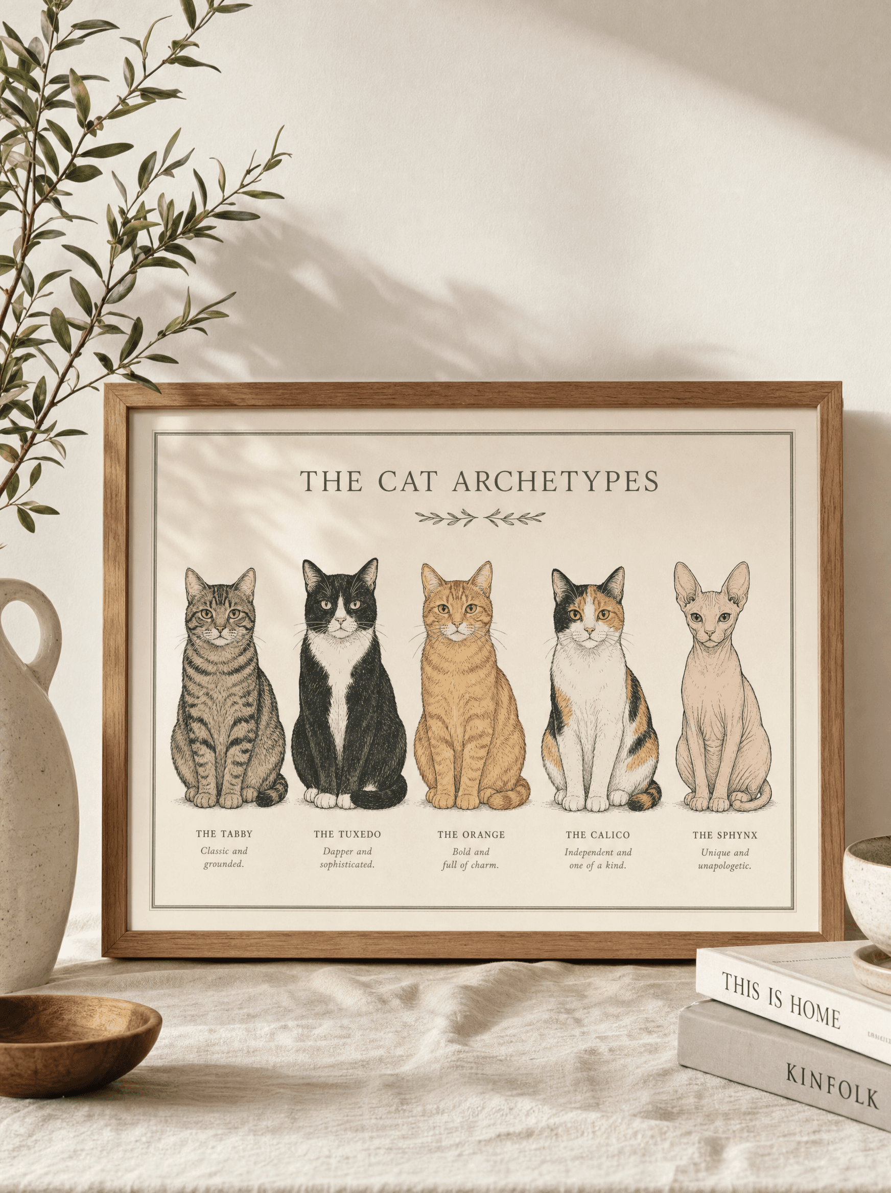 Framed wall print of a hand-drawn cat archetypes lineup