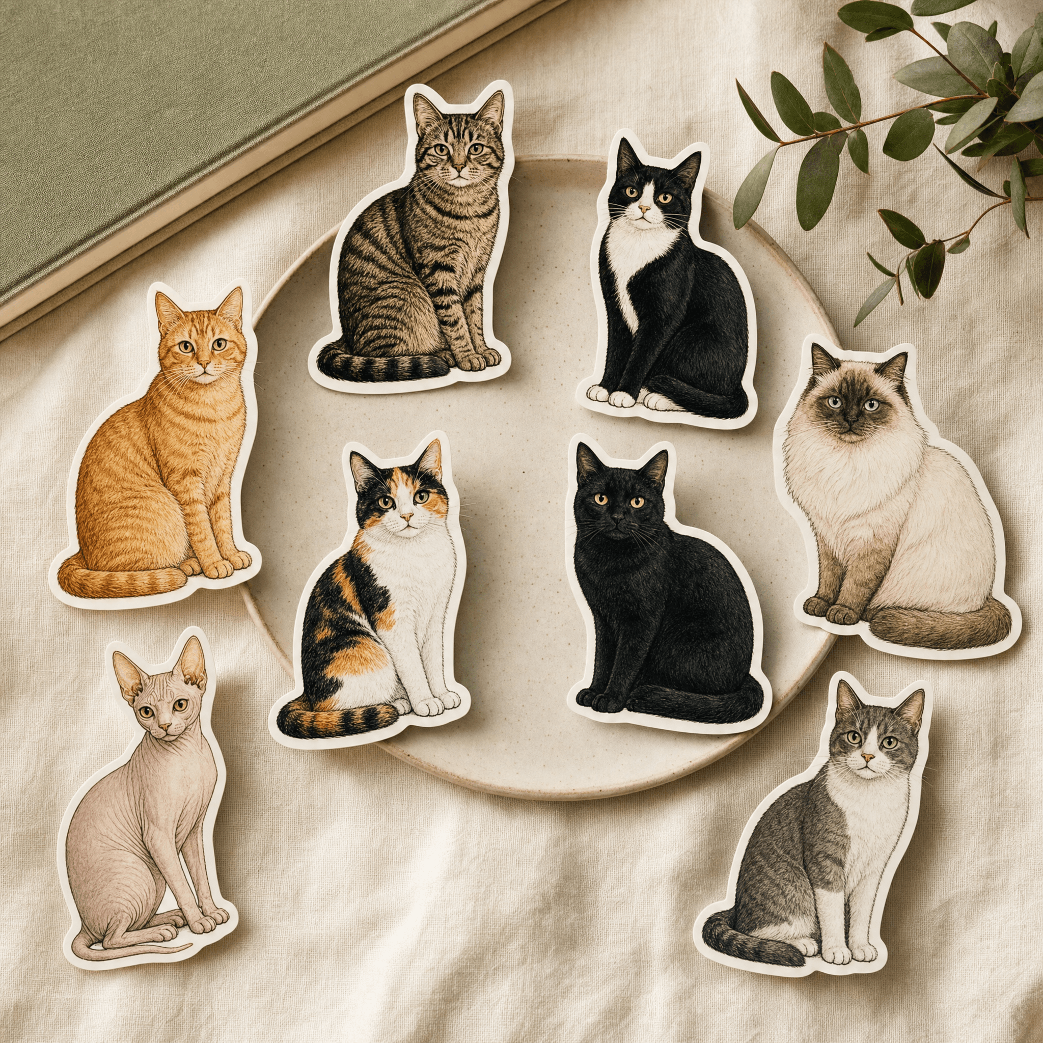 Arrangement of 8 hand-drawn cat archetype stickers on cream linen
