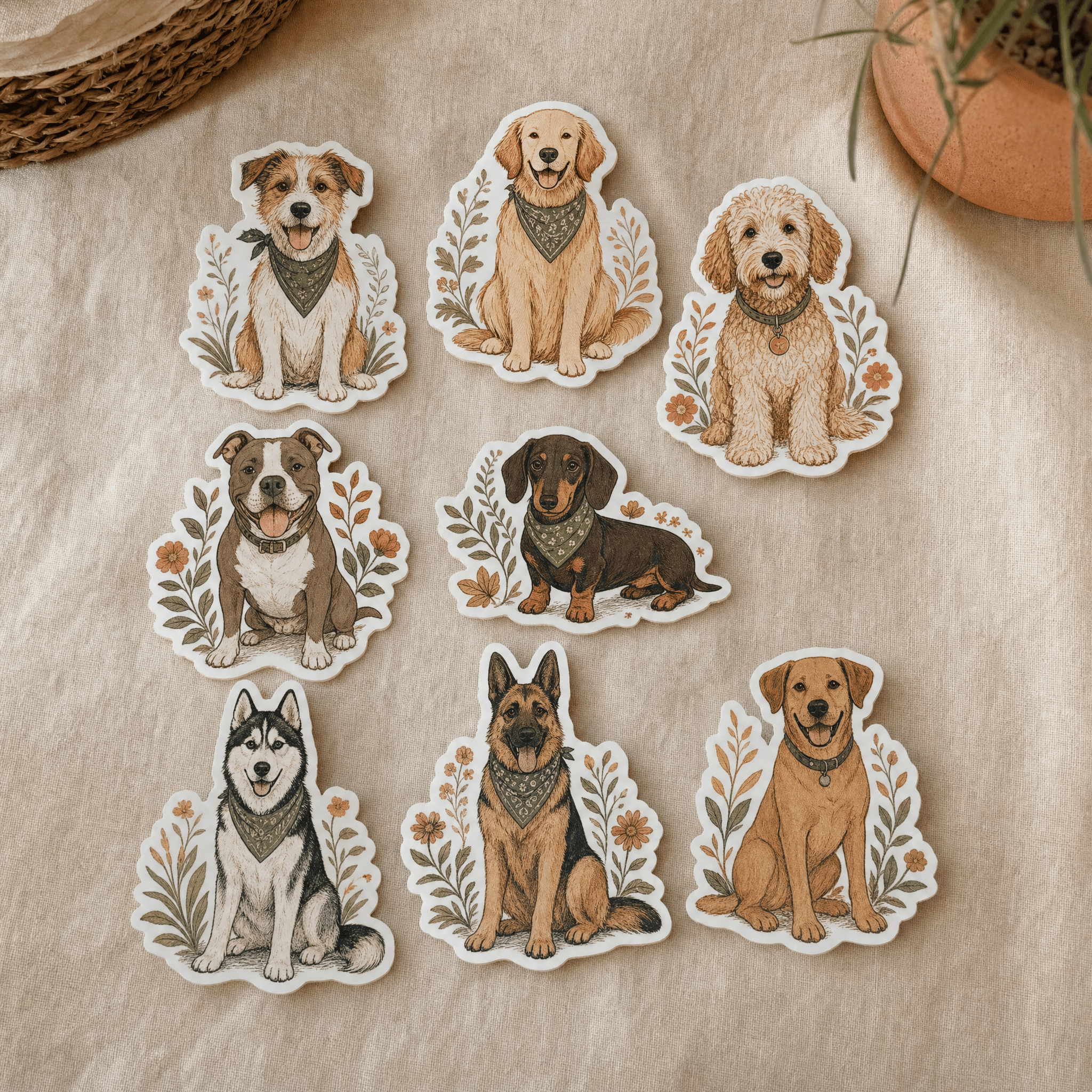Arrangement of 8 hand-drawn dog breed stickers on cream linen