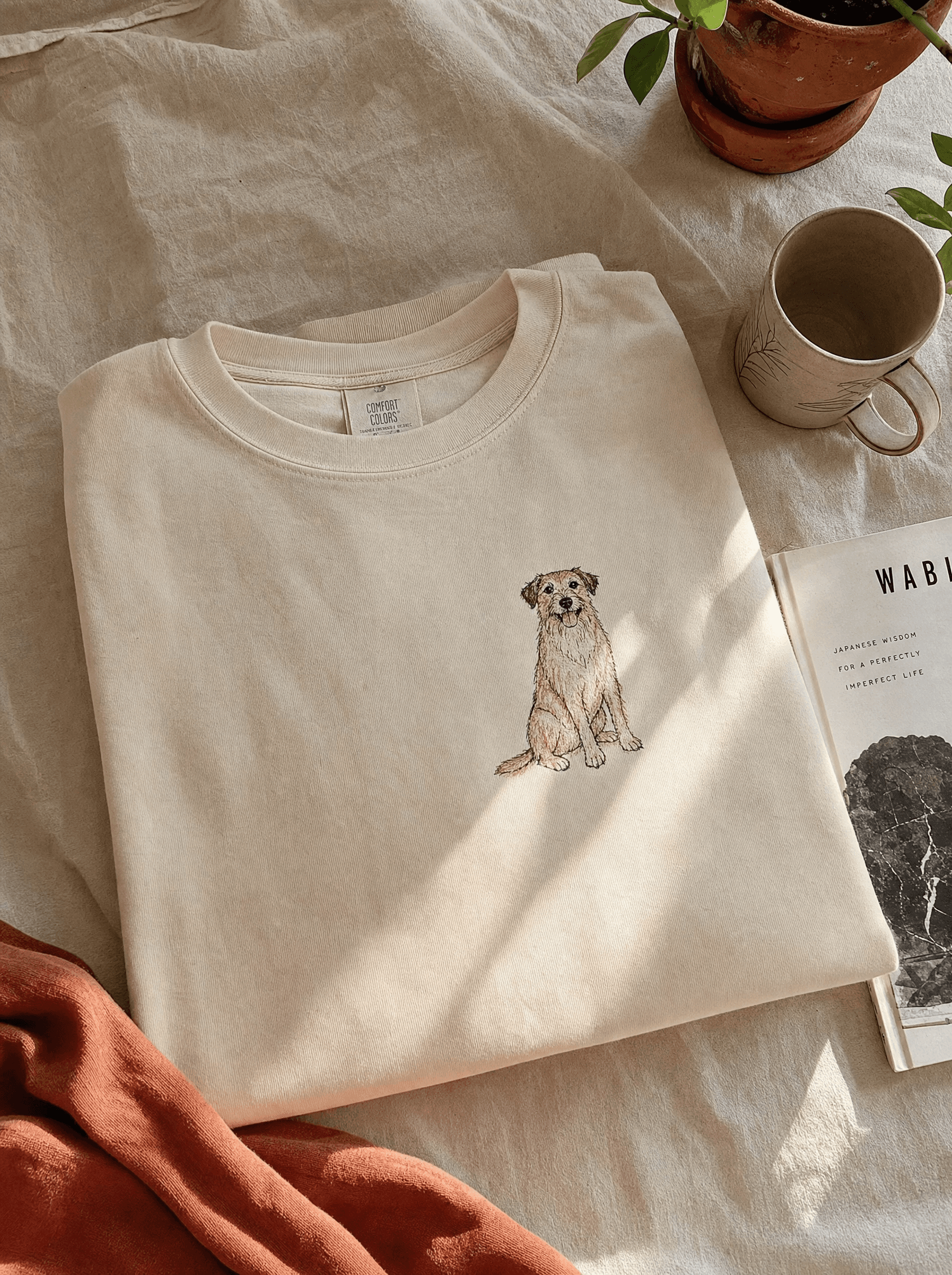 Heavyweight cream tee with hand-drawn rescue dog illustration