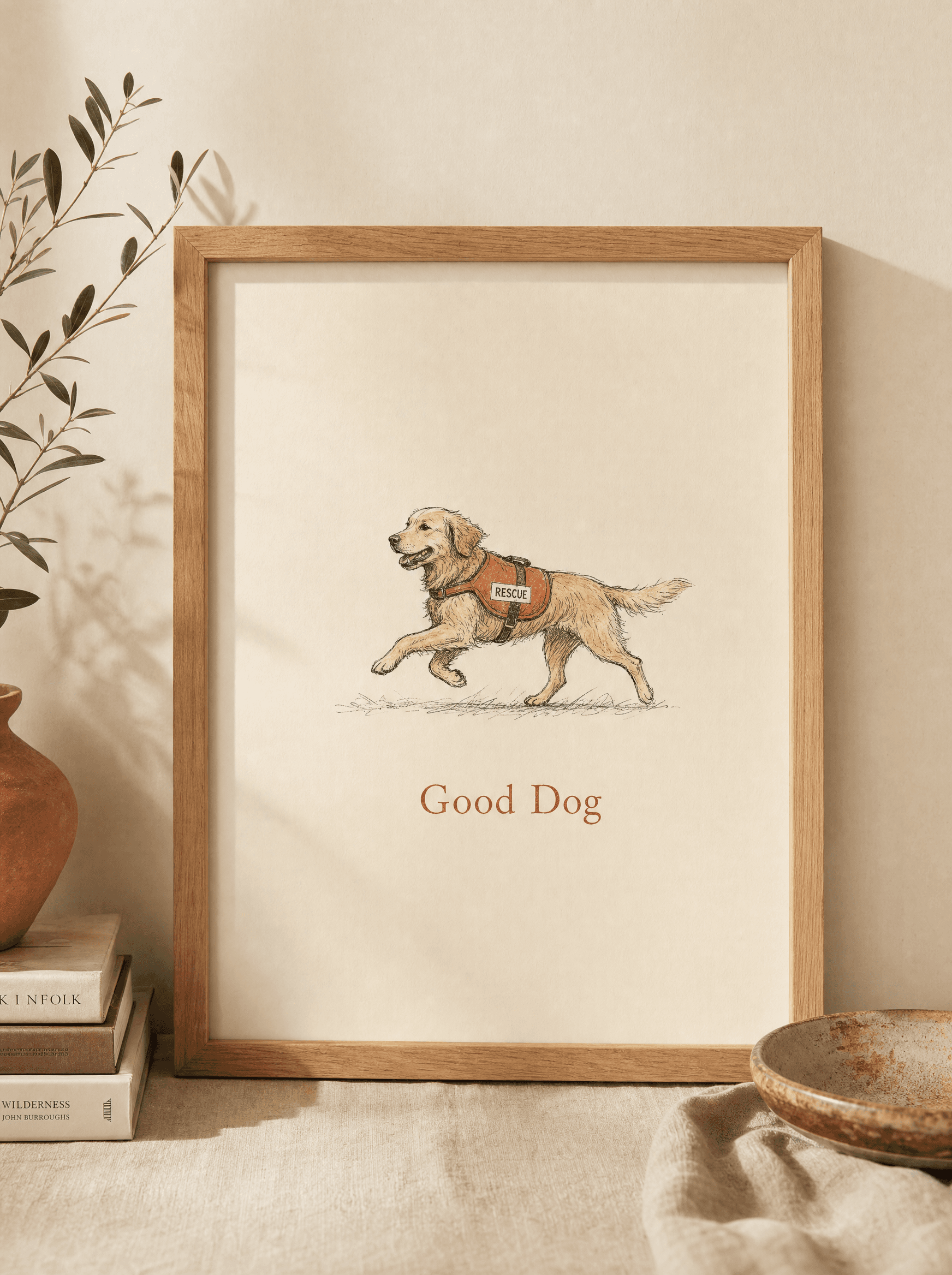 Framed wall print of a hand-drawn rescue dog illustration with 'Good Dog' text