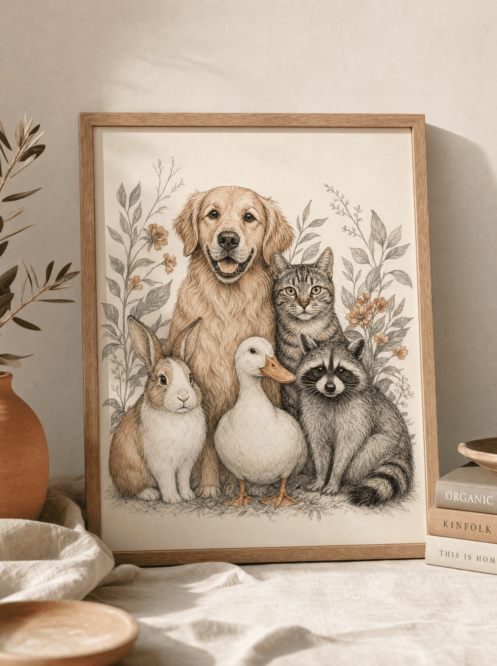 Framed wall print of a hand-drawn multi-species illustration with dog, cat, rabbit, duck, raccoon