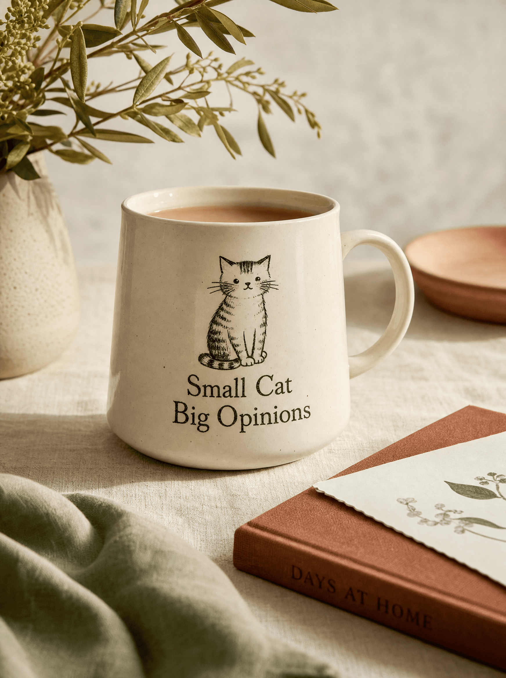 Cream ceramic mug with small cat illustration and 'Small Cat Big Opinions'