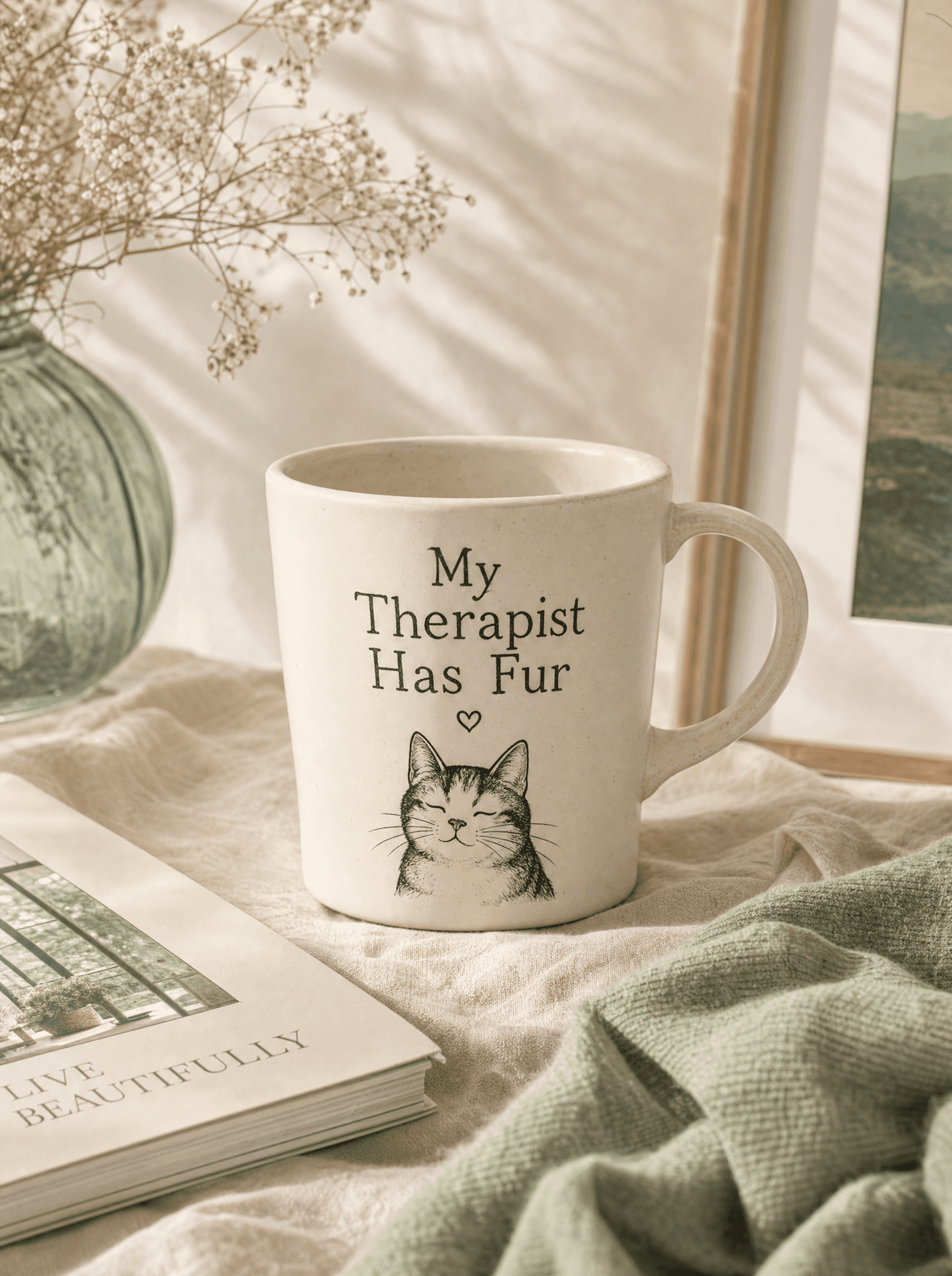 Cream ceramic mug with small cat illustration and 'My Therapist Has Fur'