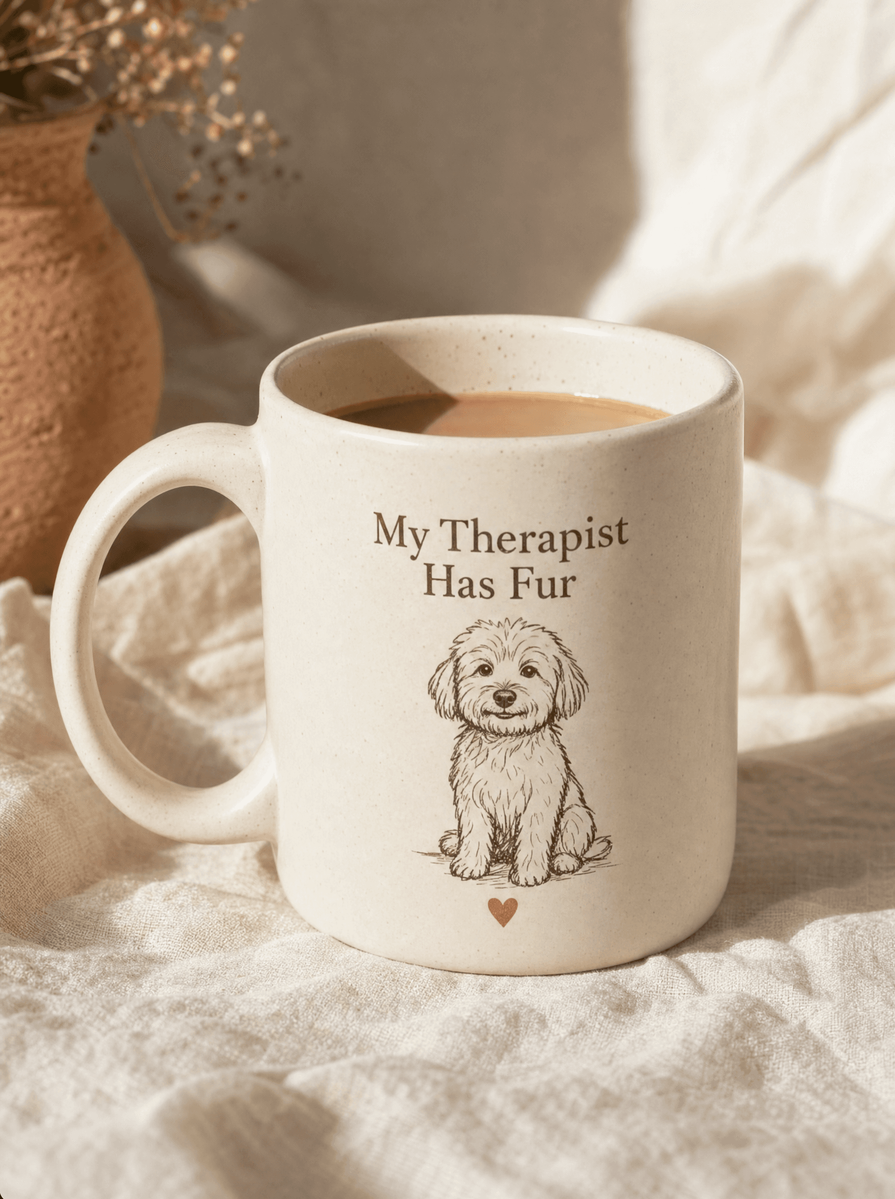 Cream ceramic mug with small dog illustration and 'My Therapist Has Fur'