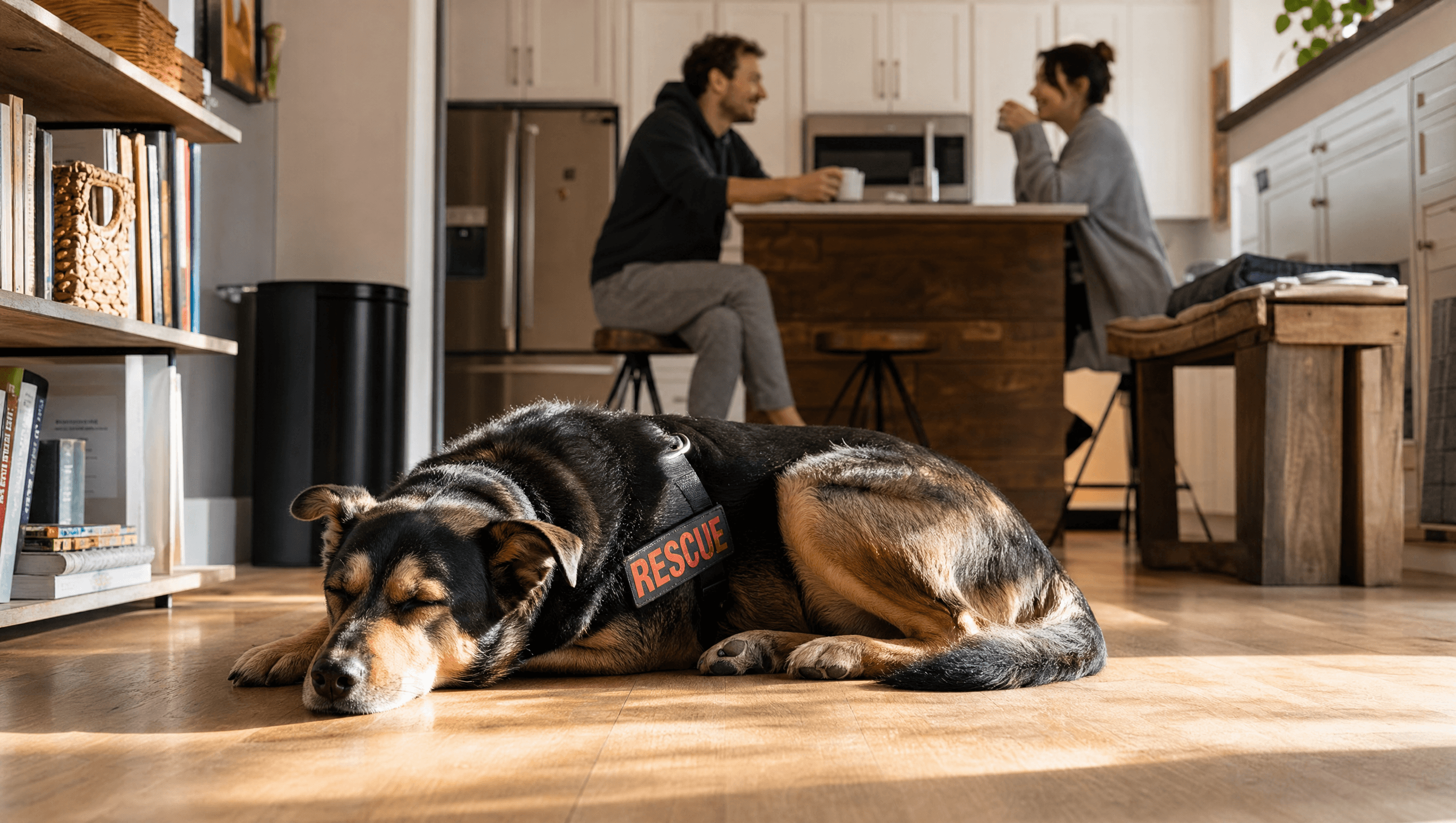 Rescue dog Marble asleep on a sunlit kitchen floor with his new family in the background