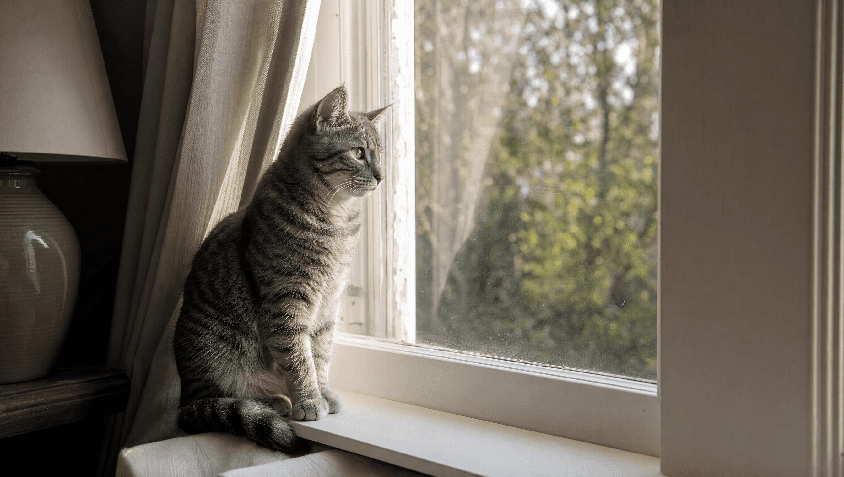 Pippin the senior cat sitting on a sunlit windowsill in his new home