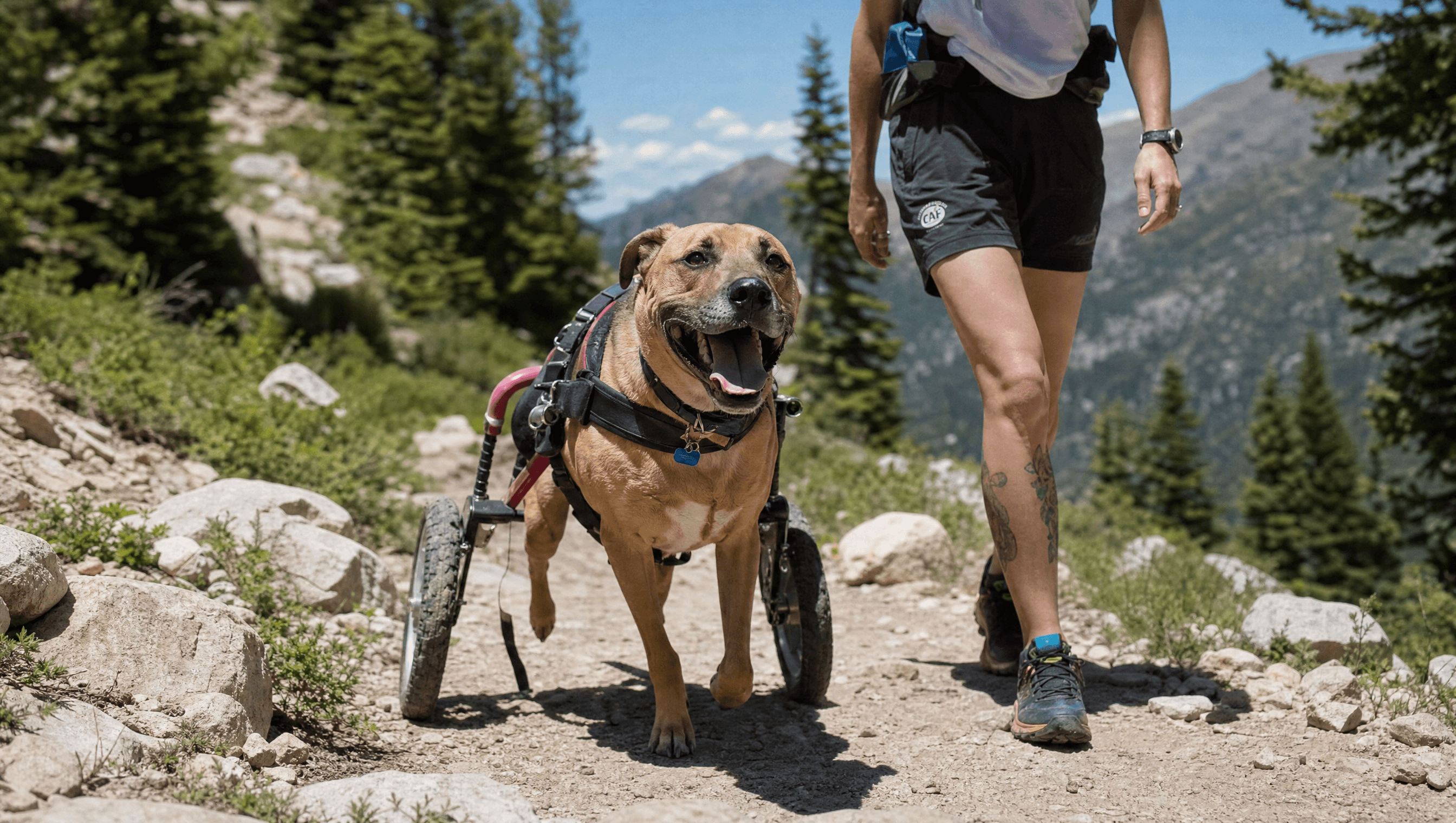 Rolling Rover dog using a wheelchair on a sunny mountain hiking trail