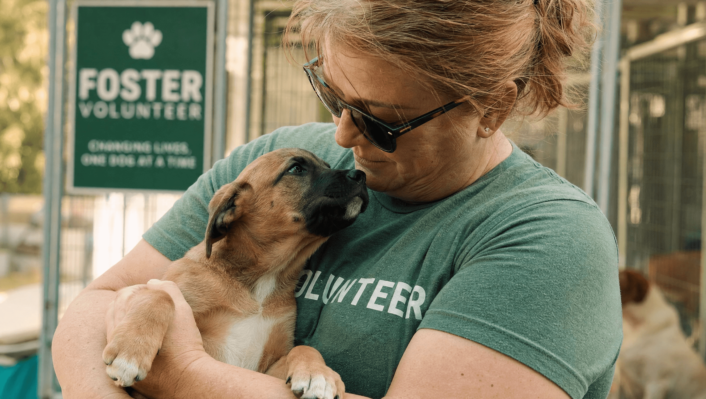 Foster volunteer holding a small rescue puppy in a sunlit kennel area