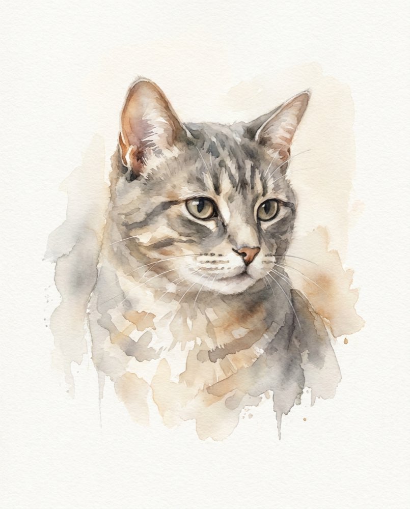 A grey tabby cat painted in a soft, luminous watercolor style