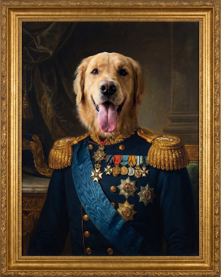 Biscuit the golden retriever painted as a decorated military admiral with medals, on framed canvas
