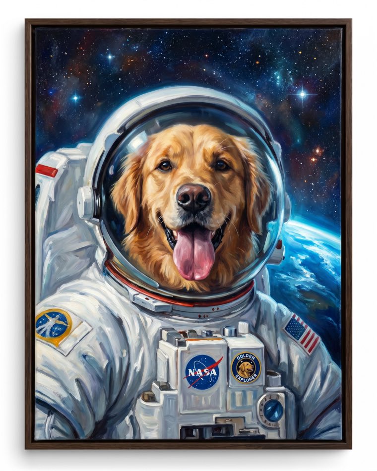 Biscuit the golden retriever painted as an astronaut floating in space, on framed canvas