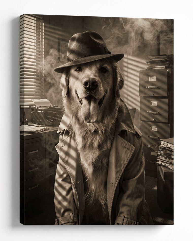 Biscuit the golden retriever painted as a noir detective in a trench coat, on framed canvas