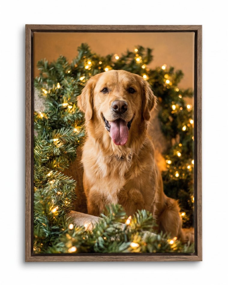 Biscuit the golden retriever painted as a cozy festive holiday scene, on framed canvas