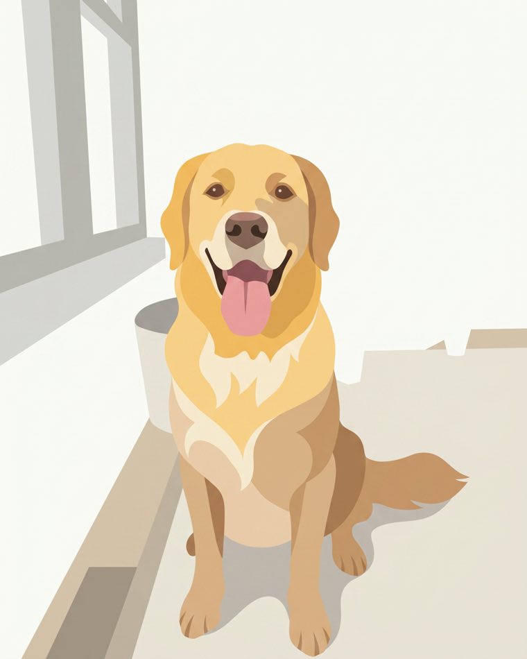 Biscuit the golden retriever painted as a clean modern minimalist illustration, on framed canvas