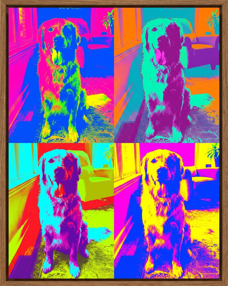 Biscuit the golden retriever painted as a Warhol-style pop-art color-block portrait, on framed canvas