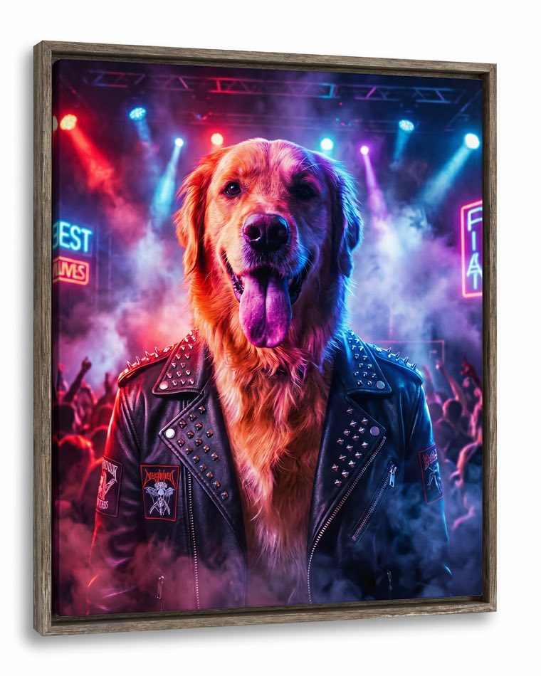 Biscuit the golden retriever painted as a leather-clad rockstar under stage lights, on framed canvas
