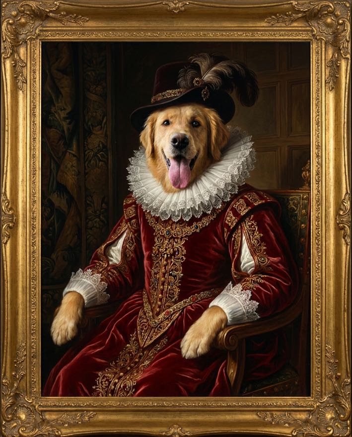 Biscuit the golden retriever painted as Renaissance nobility in red velvet, on framed canvas