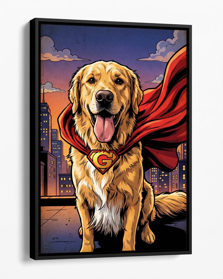 Biscuit the golden retriever painted as a caped superhero over a city skyline, on framed canvas