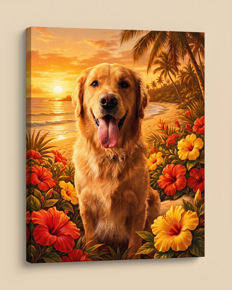 Biscuit the golden retriever painted as a tropical aloha scene at golden-hour sunset, on framed canvas