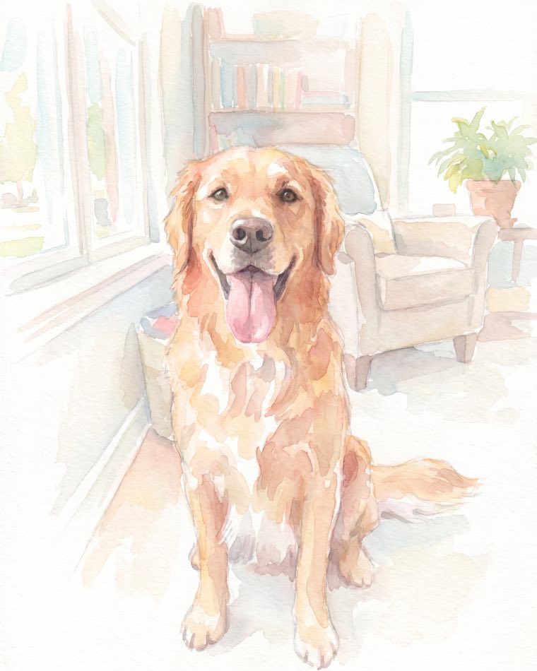 Biscuit the golden retriever painted as a soft watercolor painting, on framed canvas