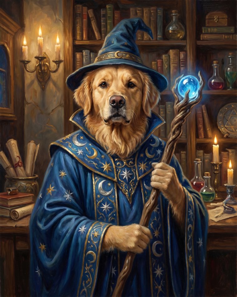 Biscuit the golden retriever painted as a robed wizard holding a staff by candlelight, on framed canvas